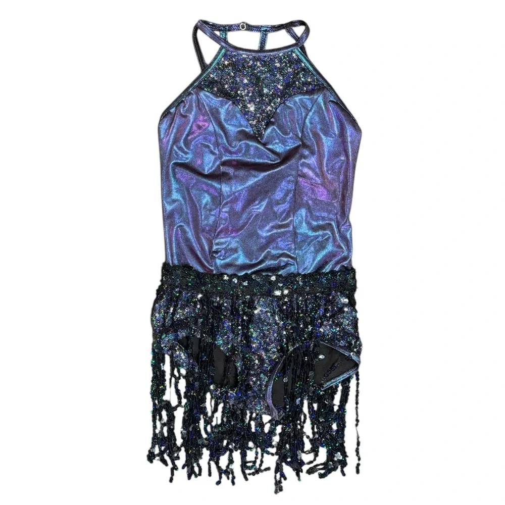 Weissman | Swing Set Sparkling Blue and Black Iridescent Dance Costume, Size LC